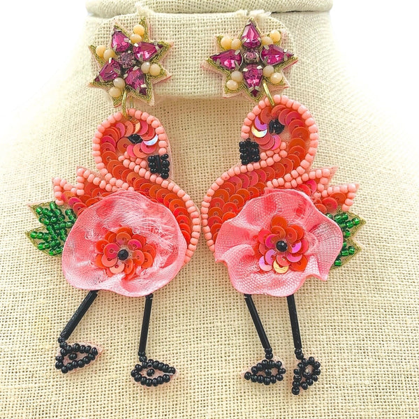 Pink Flamingo Seed Bead Earrings (1.75x3.75in)