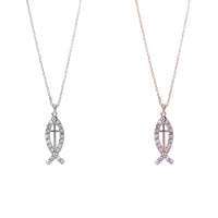 Cross Jesus Fish Necklace in Silver or Gold Tone (0.3x1in)(16+3in)