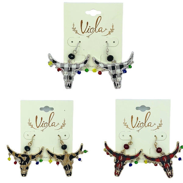 Christmas Themed Buffalo Plaid Bull Earrings (1.5x1.75in)