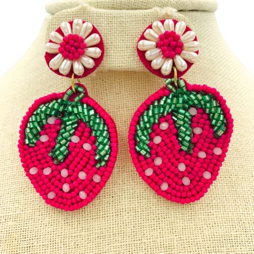 Pink Strawberry Seed Bead Earrings - Beaded (1.6Wx2.5Lin)