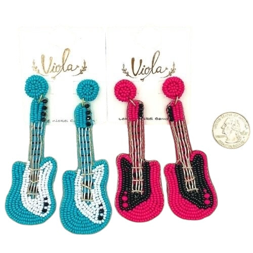 Guitar Seed Bead Earrings in Fuchsia or Turquoise (1.25x3.5in)
