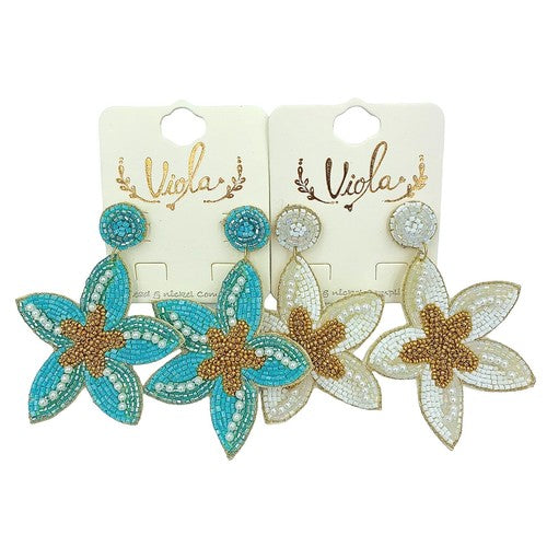 Starfish Seed Bead Earrings in White or Turquoise - Beaded (2.25x2.75in)