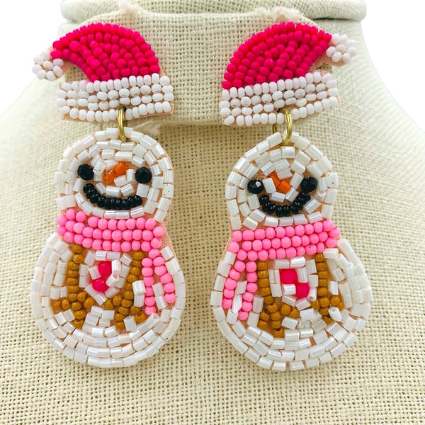 Snowman Wearing Pink Scarf & Hat Seed Bead Earrings (1.25x2.5in)