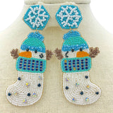 Snowman Inside Christmas Stocking Seed Bead Earrings (1.5x3.75in)