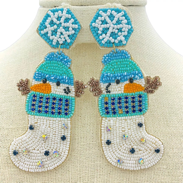 Snowman Inside Christmas Stocking Seed Bead Earrings (1.5x3.75in)
