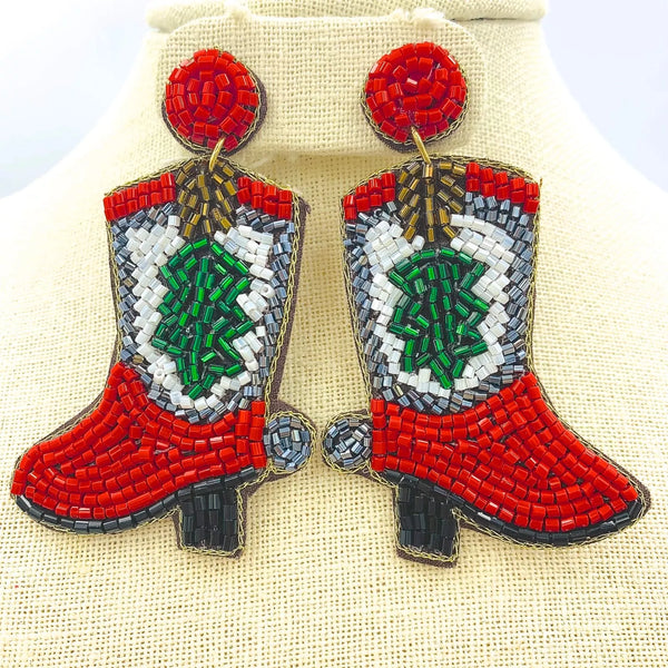 Christmas Tree Red Boot Seed Bead Earrings (1.5x3in)