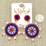 USA America Themed Ship's Wheel Helm Beaded Earrings (2.0x2.5in)