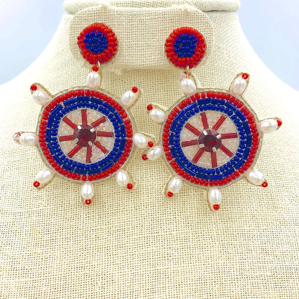 USA America Themed Ship's Wheel Helm Beaded Earrings (2.0x2.5in)