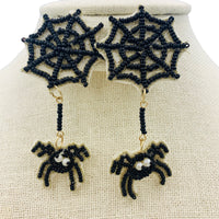 Spider Hanging From Spider Web Seed Bead Earrings - Beaded, Halloween (1.6x3in)