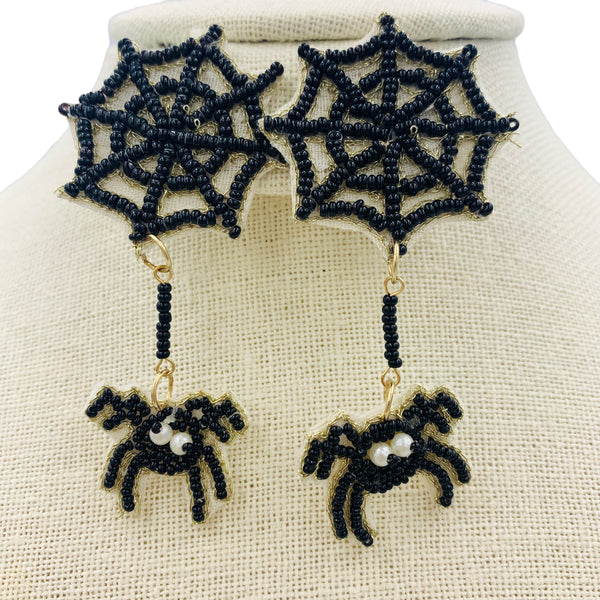 Spider Hanging From Spider Web Seed Bead Earrings - Beaded, Halloween (1.6x3in)