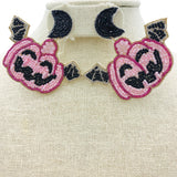 Pink Pumpkin w/ Bat Wings Seed Bead Earrings - Beaded, Halloween (2.5x2.25in)