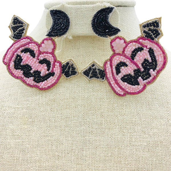 Pink Pumpkin w/ Bat Wings Seed Bead Earrings - Beaded, Halloween (2.5x2.25in)