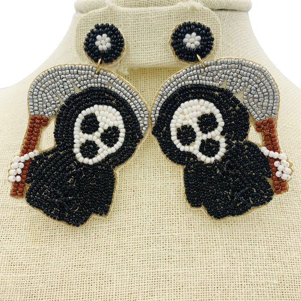 Grim Reaper with Scythe Seed Bead Earrings - Beaded, Halloween (1.75x2.75in)