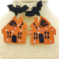 Haunted House & Bat Seed Bead Earrings - Beaded, Halloween (2x2.75in)