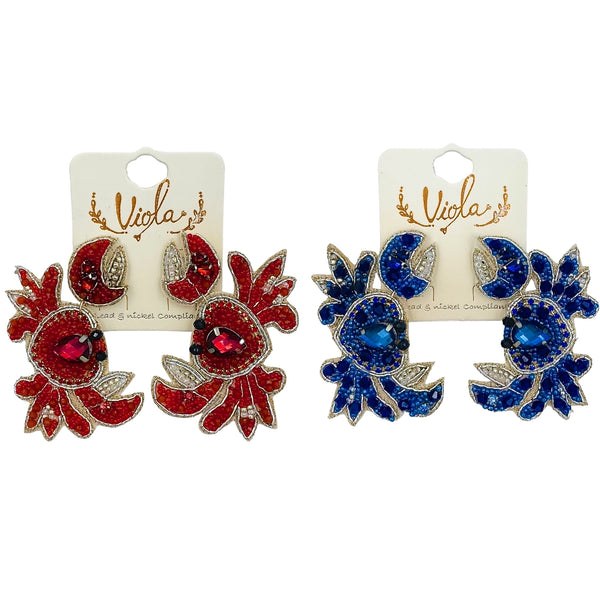 Beaded Crab Seed Bead Earrings in Red or Blue (2x2.75in)