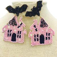 Haunted House & Bat Seed Bead Earrings - Beaded, Halloween (2x2.75in)