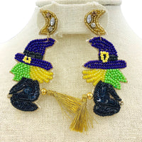 Flying Witch on Broom Seed Bead Earrings - Beaded, Halloween (1.5x3in)