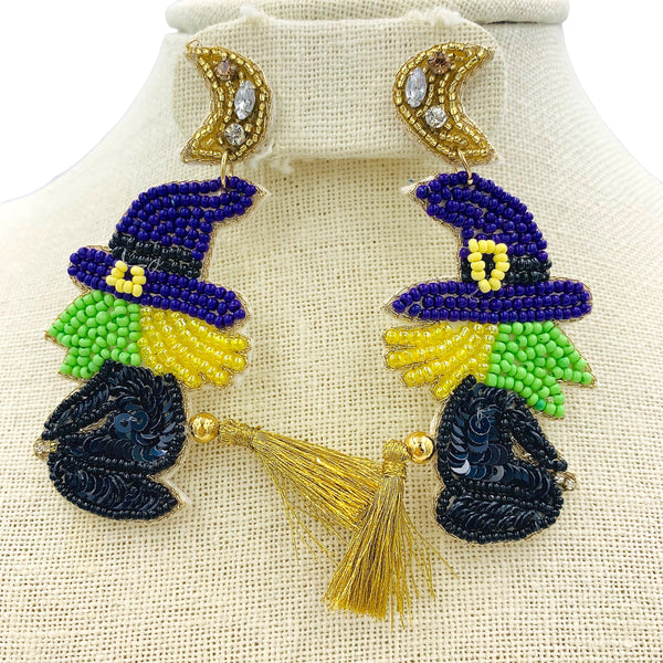 Flying Witch on Broom Seed Bead Earrings - Beaded, Halloween (1.5x3in)