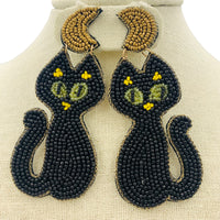 Black Cat & Half Moon Seed Bead Earrings - Beaded, Halloween (1.625x3.5in)