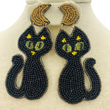 Black Cat & Half Moon Seed Bead Earrings - Beaded, Halloween (1.625x3.5in)
