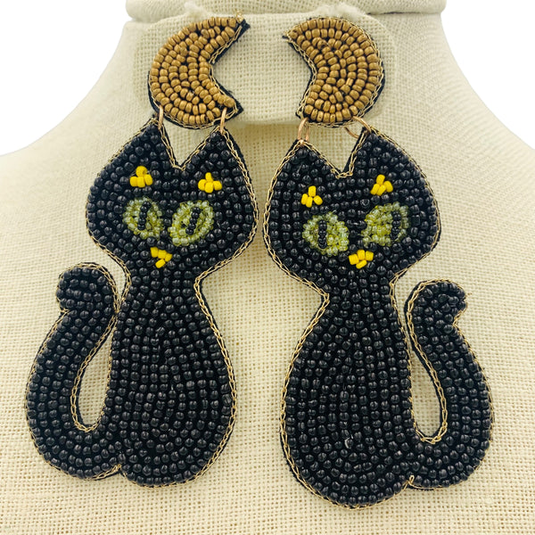 Black Cat & Half Moon Seed Bead Earrings - Beaded, Halloween (1.625x3.5in)
