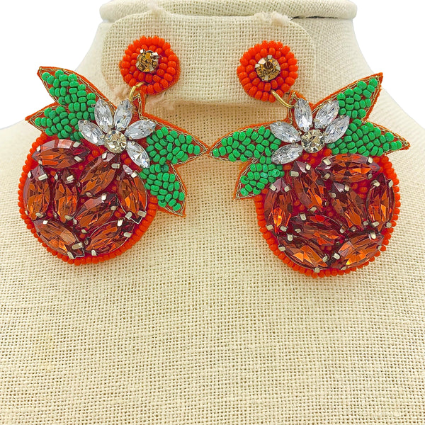 Pumpkin Crystal Seed Bead Earrings - Beaded, Halloween (1.75x2.25in)
