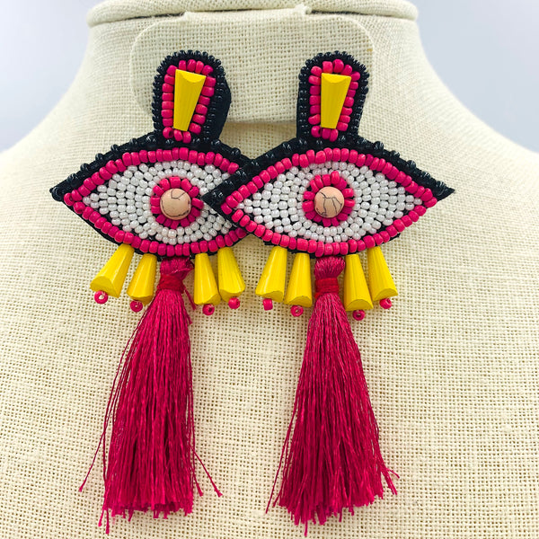 Evil Eye Seed Bead Tassel Earrings, 2 Colors Available - Style 1