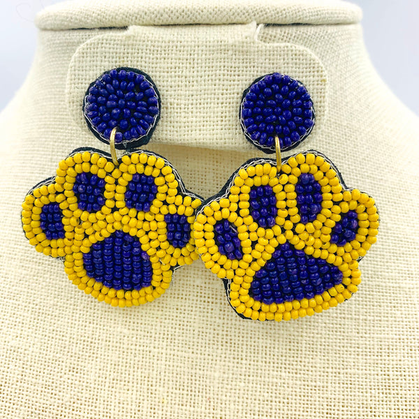 Paw Print Seed Bead Earrings, Purple & Yellow