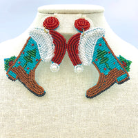 Christmas Themed Western Boot Seed Bead Earrings