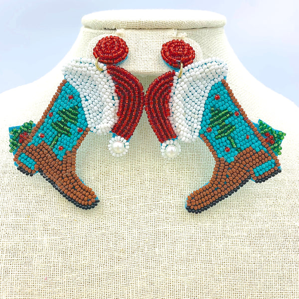 Christmas Themed Western Boot Seed Bead Earrings