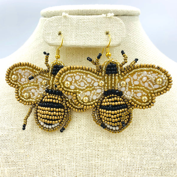 Bumble Bee Seed Bead Earrings (2.6x2.5in)