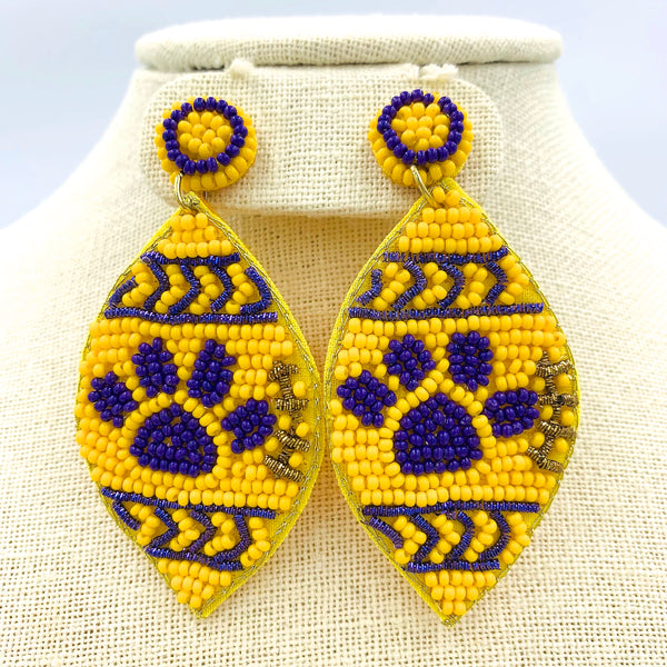Football Paw Print Seed Bead Earrings - Yellow & Purple