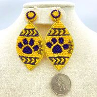 Football Paw Print Seed Bead Earrings - Yellow & Purple