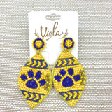 Football Paw Print Seed Bead Earrings - Yellow & Purple
